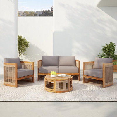 Ensemble de conversation de patio 4 pièces avec 2 chaises, causeuse et table, ensemble de meubles d'extérieur en bois d'acacia de qualité supérieure, conception de baignoire incurvée avec accents de corde tissée, coussins résistants à l'eau, fabrication de lattes toutes saisons