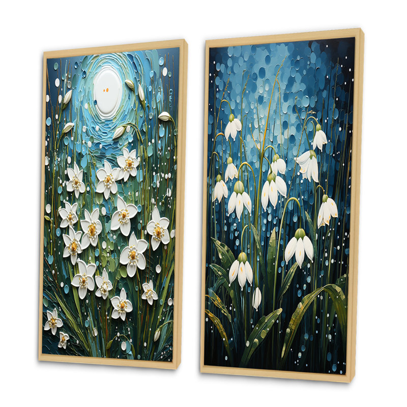 «White Snowdrops Field Pointillism», 2 pièces, Encadrement brun, H 32 po x l 32 po