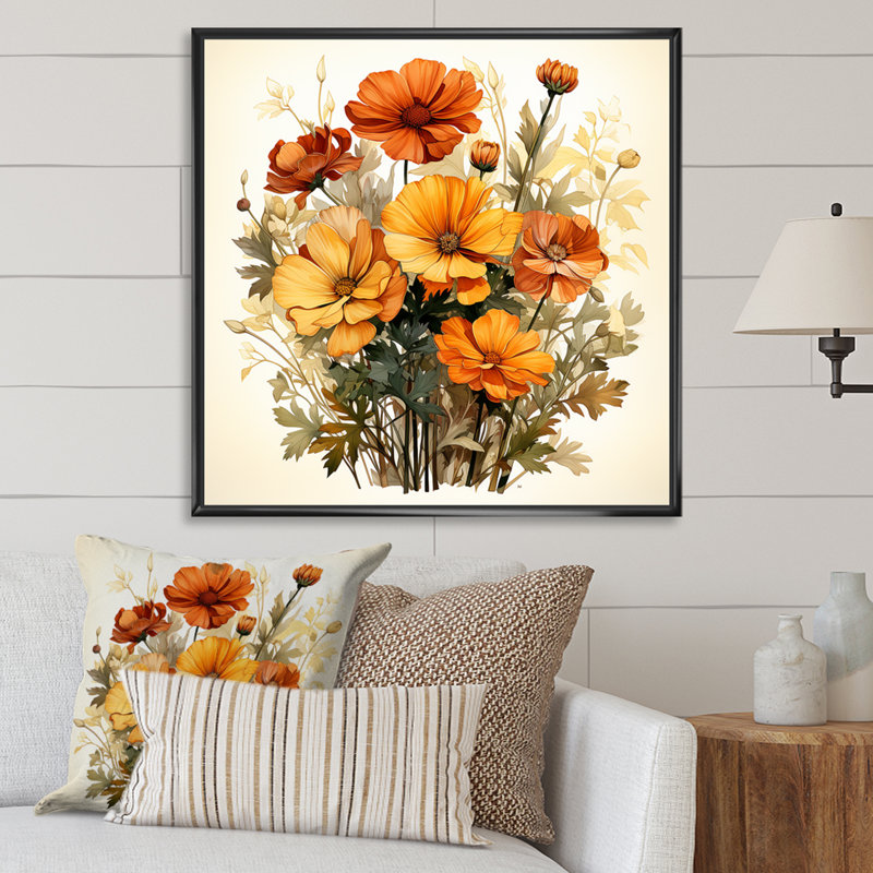 Marigold Majesty Bouquet I - Art mural souci, Cadre flottant noir, H 30 po x l 30 po x P 1,5 po