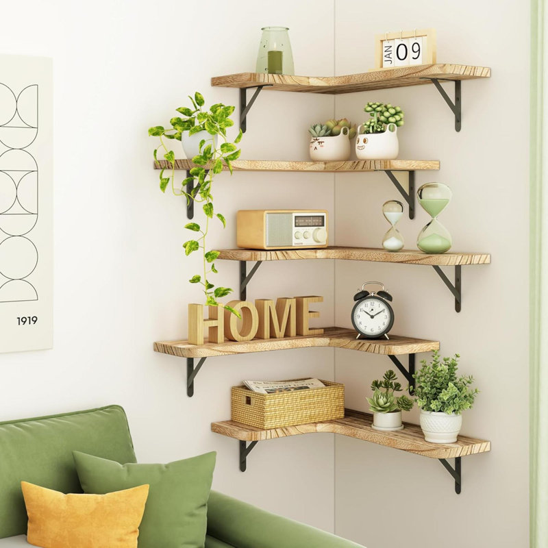 Floating Shelves For Wall, Rustic Wood Wall Mounted Corner Shelf For Bathroom, Kitchen, Bedroom, Home Decor, Laundry Room, Living Room, Set Of 5