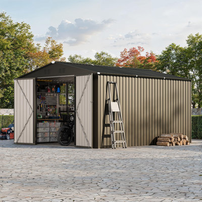 10X12 ft Storage Shed with Cross Windows & Lockable Door, Large Outdoor Metal Shed