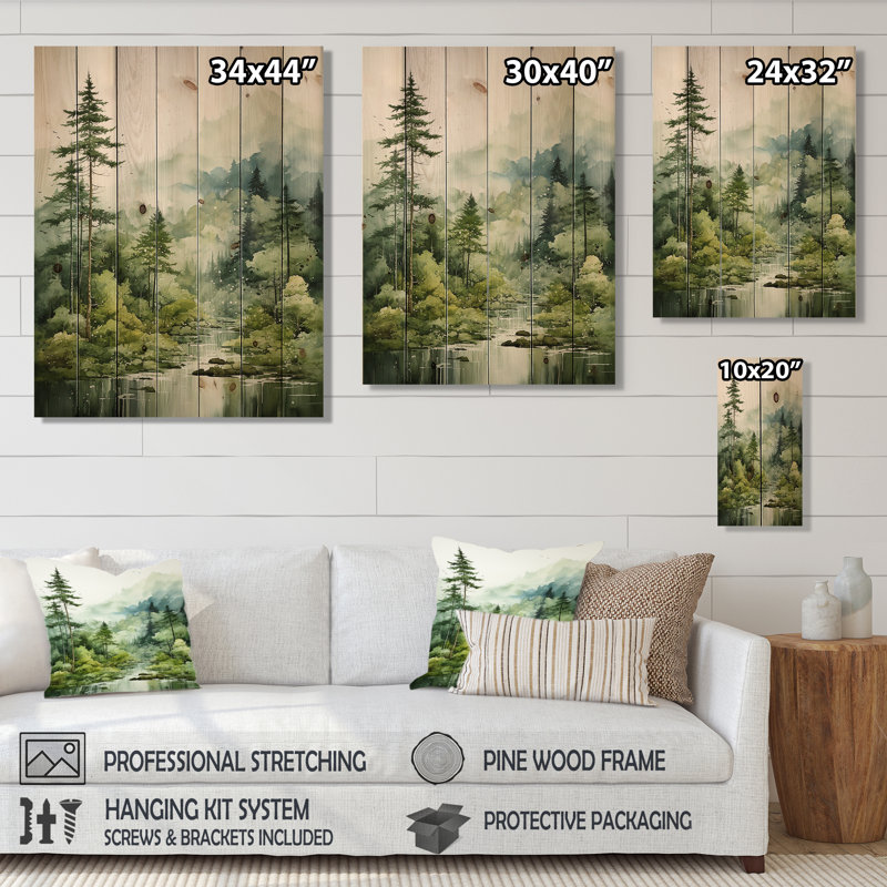 Forêt énigmatique - impression de paysage et de nature sur bois de pin naturel, H 32 po x l 24 po x P 0,78 po