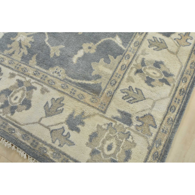 Tapis bleu en laine noué à la main de conception unique 8 pi 3 po x 9 pi 10 po Gabrialla