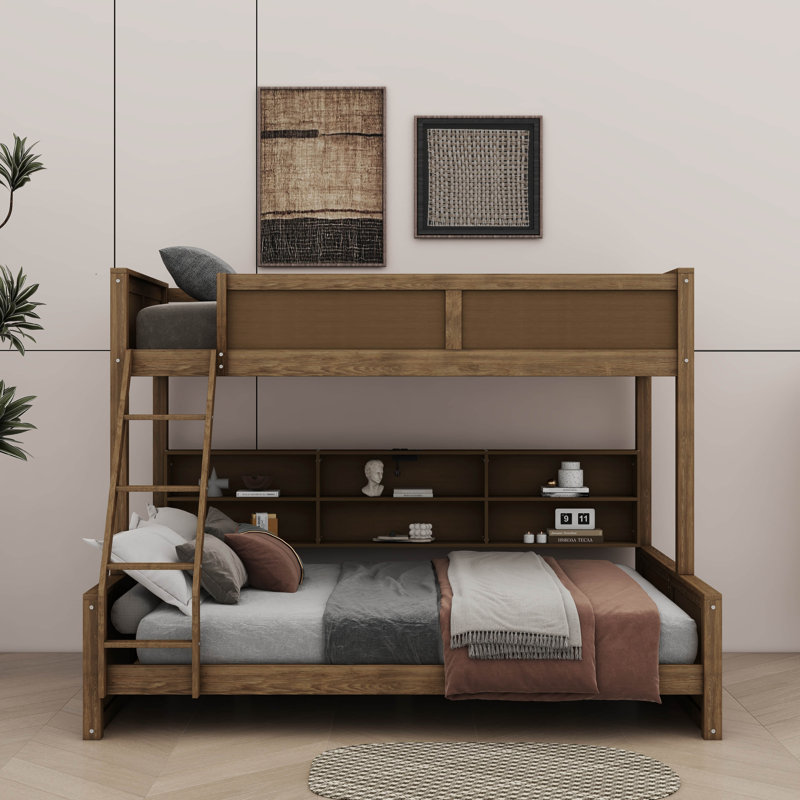 Lit superposé contemporain avec armoires de rangement intégrées et ports USB pratiques, Simple TG sur grand, Bois antique