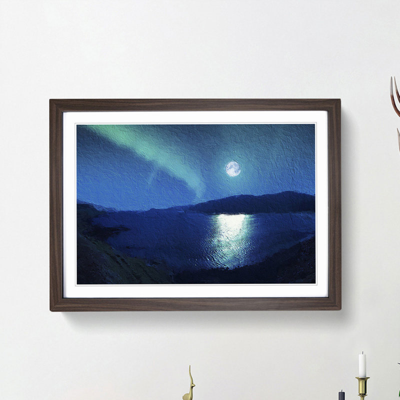 Full Moon During the Northern Lights - Framed Print, 27cm H x 36cm W x 2cm D, Walnut Framed