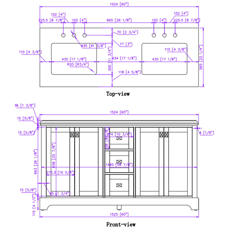 Meuble-lavabo double 60 po avec comptoir