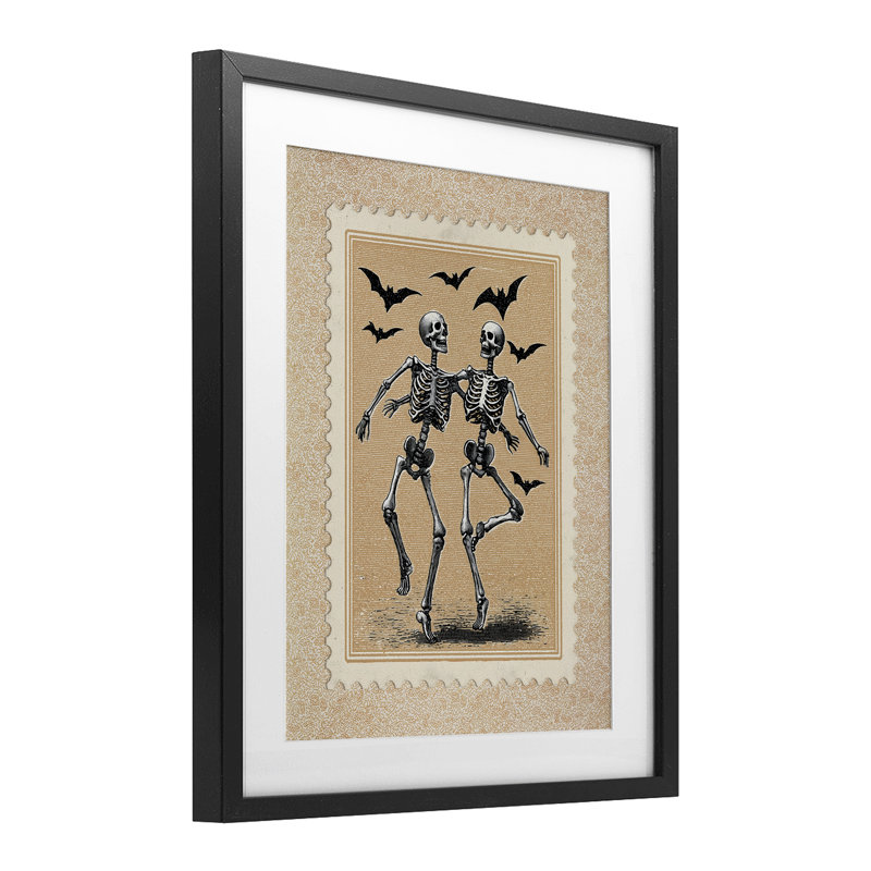 «Vintage Dancing Skeletons Stamp», reproduction sous verre encadrée, design par Arlington Prints, Cadre noir minuit