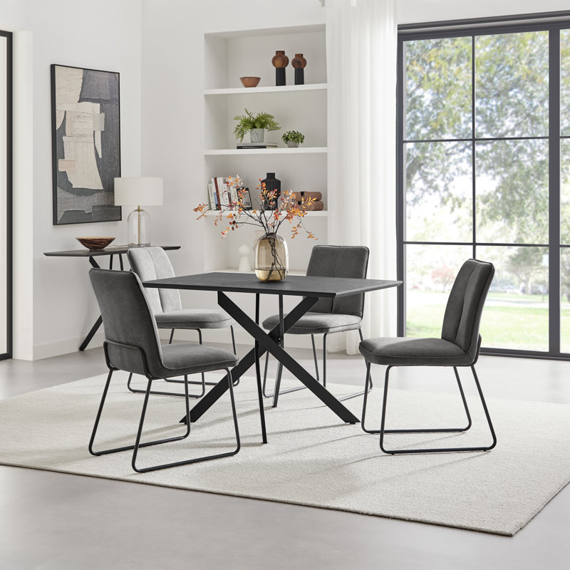 Aminata Veneer & Metal Round Dining Table With Eubanks Fabric Chairs - Modern Statement Design, Dark Grey, 4