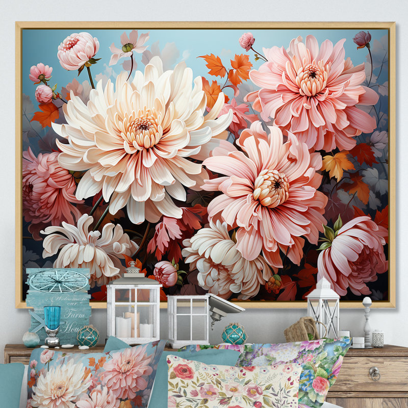 Chrysanthèmes - collage rose et blanc - impression, H 12 po x l 20 po x P 1 po, Cadre naturel flottant