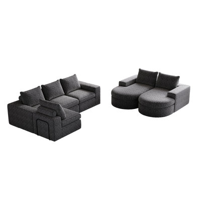 Chenille Cloud Curved L-Shaped Sectional With Chaise, 4 For Living And Bedroom, Six Modules, No Assembly, Grey, Double Cushion Design Featuring High Resilience Sponge Upholstered Cushions, Three Two