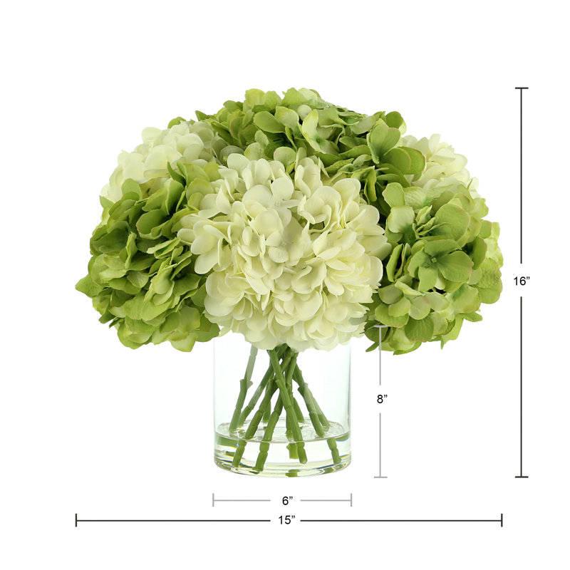 Green & White Hydrangea in Acrylic Water Vase