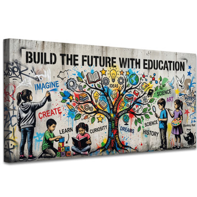 Education Tree Graffiti Canvas Wall Art, Inspirational School Wall Decor with Kids Learning Science Art Painting for Classroom Bedroom Playroom, Wrapped Canvas, 12×24 Inch