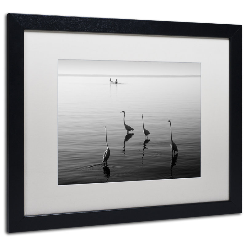 « 4 herons et bateau », reproduction de photo encadrée, H 16 po x l 20 po x P 0,5 po, Noir