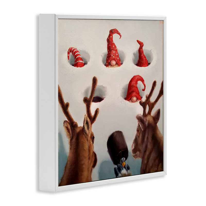 Holiday Whack an Elf Humor, estampe numérique par Lucia Heffernan, Giclée encadrée blanc bord de mer, H 17 po x l 17 po