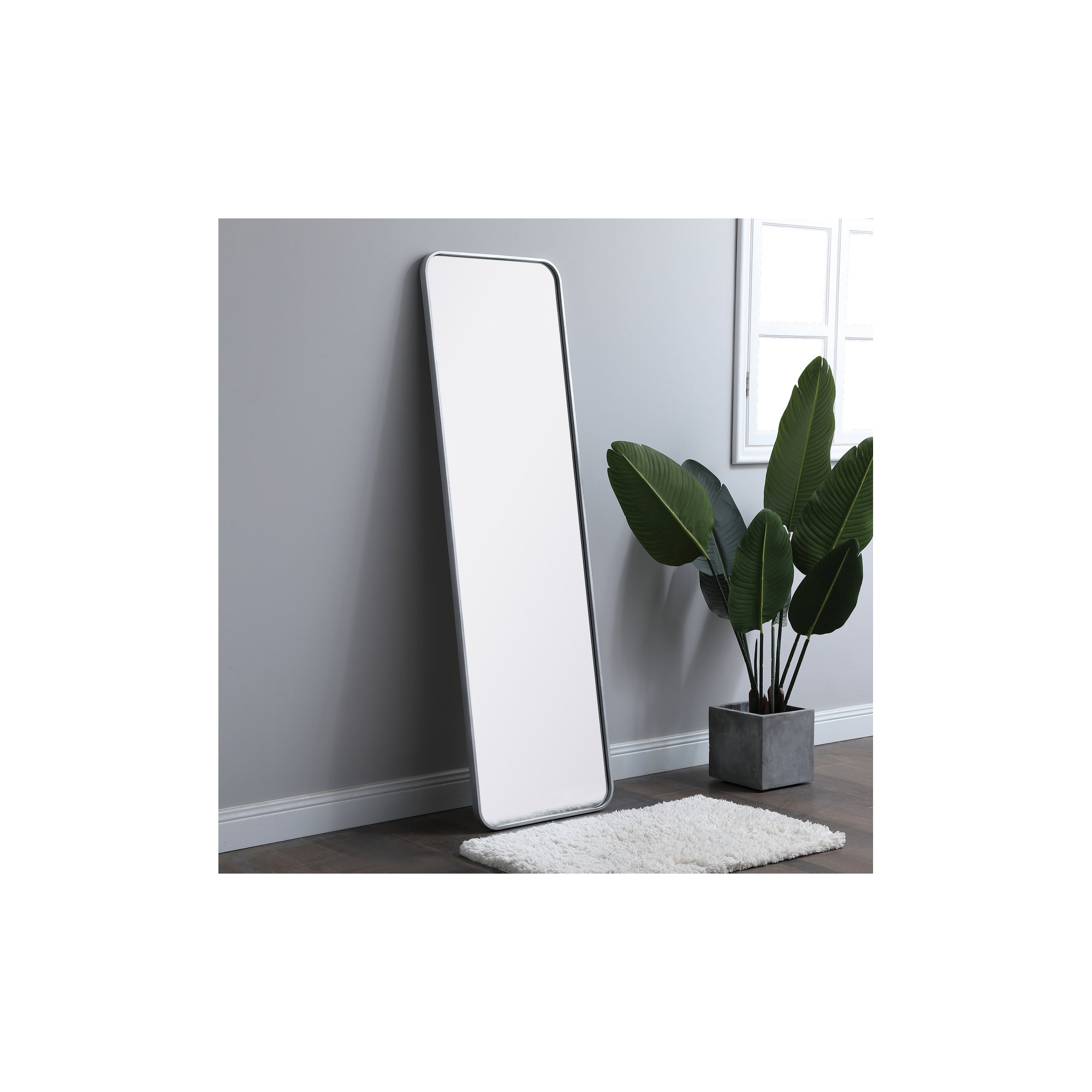 Sabine Metal Rounded Rectangle Wall Mirror, 60" x 18", Silver