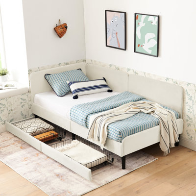 Lit simple en velours avec 2 tiroirs de rangement, plateforme rembourrée beige pour la chambre à coucher, fonction réglable, style moderne, rembourrage confortable, structure en bois d'eucalyptus, expérience d'assise, et