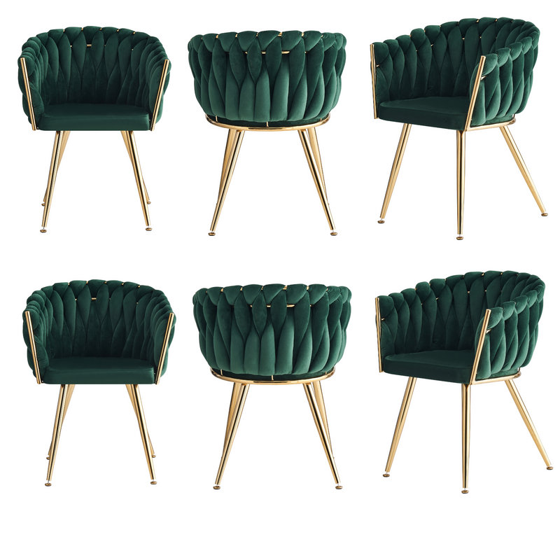 Single Velvet Upholstered Dining Chair | Arm Chair | Metal Legs, Green, 6