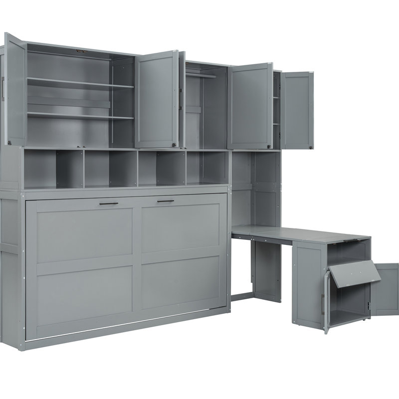 Lit simple gris avec placard, tiroirs et bureau - Design épuré, espace optimisé, fonctionnel et élégant