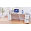 Bureau de réception en forme de L en marbre blanc avec classeur verrouillable et plateau pour clavier, bureau en bois pour une réception moderne, un cabinet et un salon-133286144-133286142