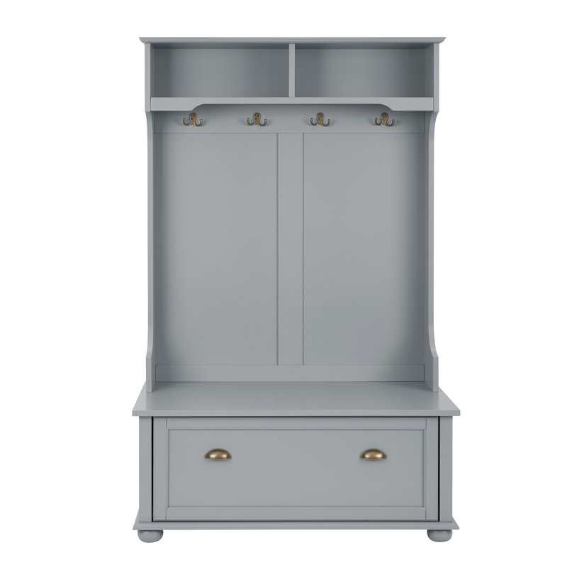 Banc de hall d'entrée de style classique avec tablettes ouvertes et armoires à chaussures, pieds en bois massif, gris, l 40 po x P 18,5 po x H 64,5 po