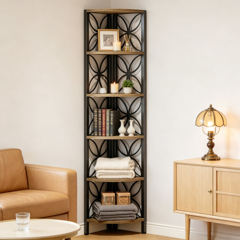 Étagère d'angle à 6 niveaux en panneaux de particules, monobloc, design polyvalent