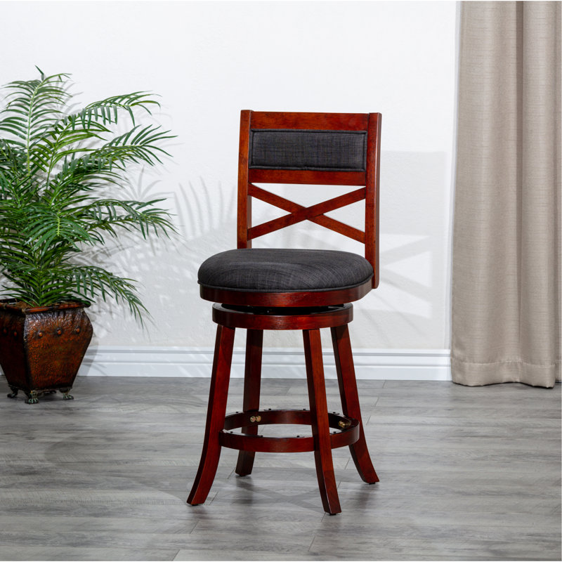 Tabouret pivotant à dossier en X de 24 po de hauteur comptoir, finition cerisier, siège en tissu gris anthracite, Cerisier