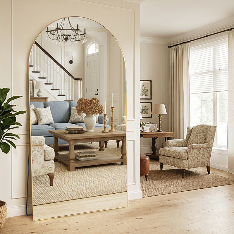 Large Oversized Arched Floor Mirror With Stand, Wall Mirror, Gold, 83" x 44"