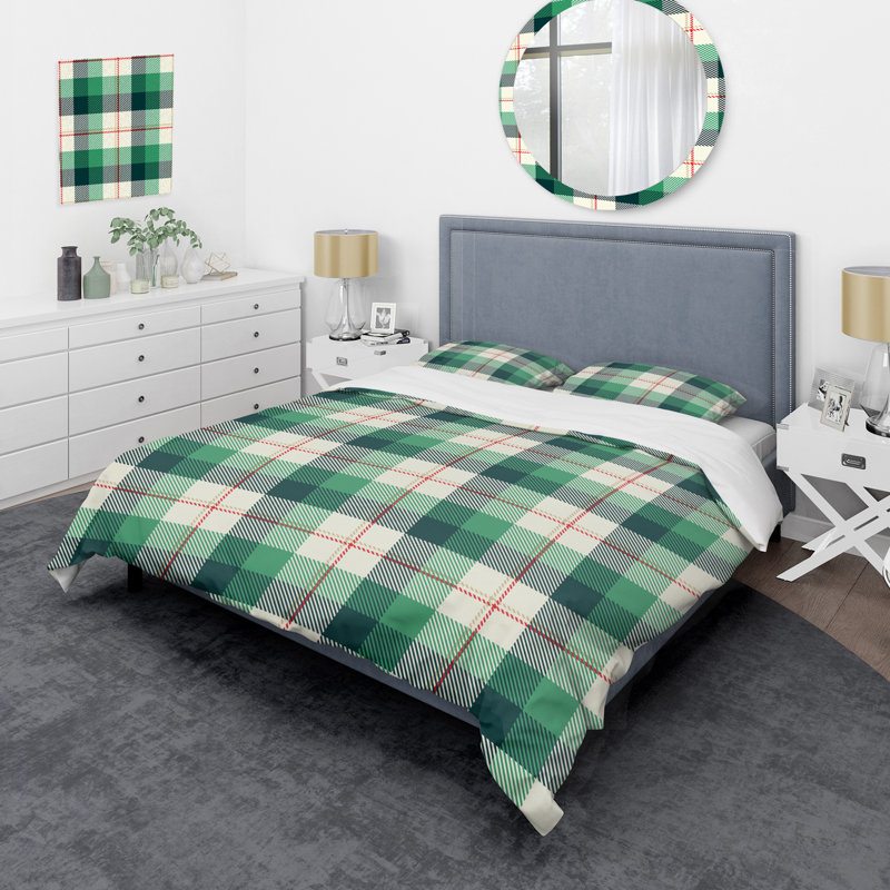 Green Checked Tartan Polyester Plaid Duvet Cover Set, King Duvet Cover + 2 King Shams