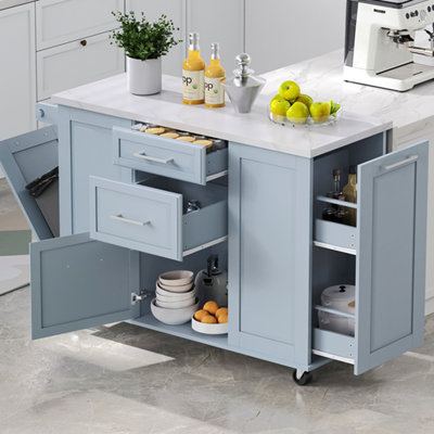 Îlot de cuisine moderne de 50,7 po avec abattant et tiroirs, îlot de cuisine roulant avec armoire à poubelle inclinable et organisateur d'armoire escamotable, chariot de cuisine en bois sur roulettes pour la cuisine, la salle à manger