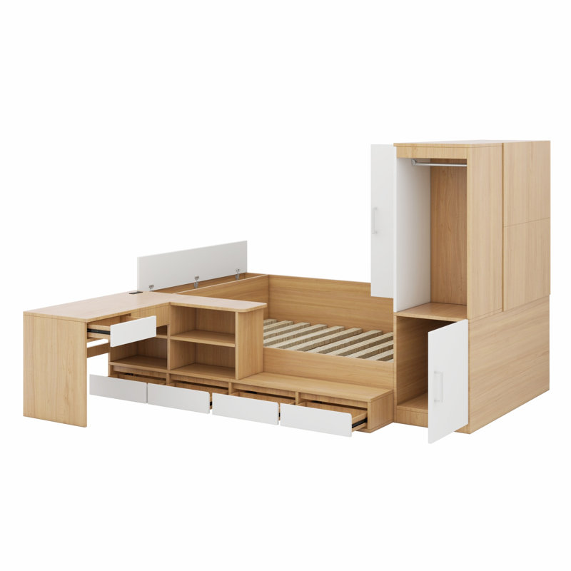 Lit plateforme avec tiroirs, tablettes, bureau et garde-robe, Naturel