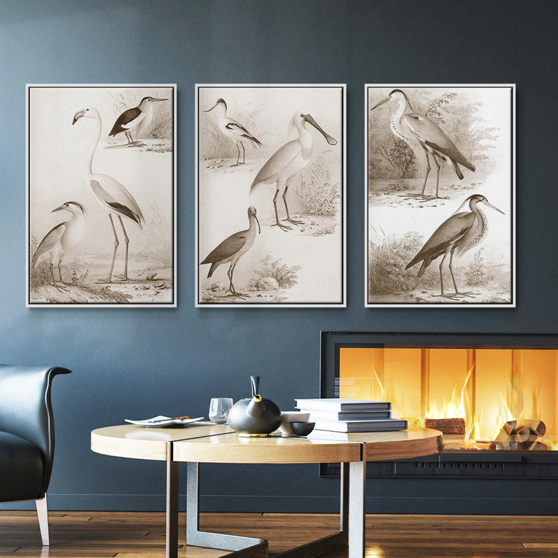 Oiseaux d'eau sépia I, ensemble de 3 toiles encadrées, Blanc, H 36 po x l 72 po