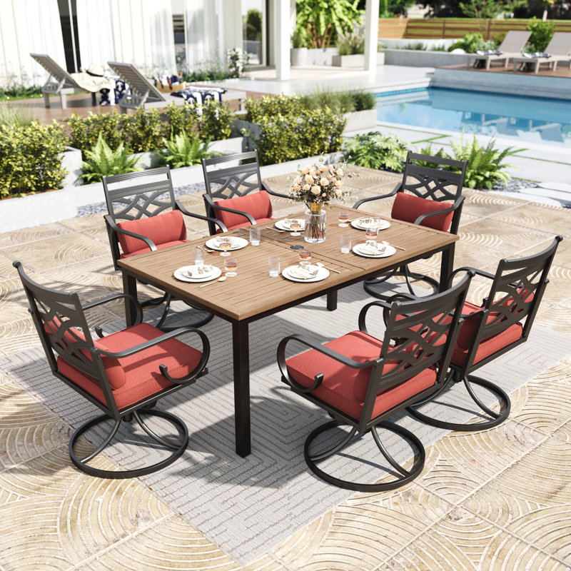 Ensemble de salle à manger pour 6 personnes en métal avec table rectangulaire, coussins inclus, Rouge