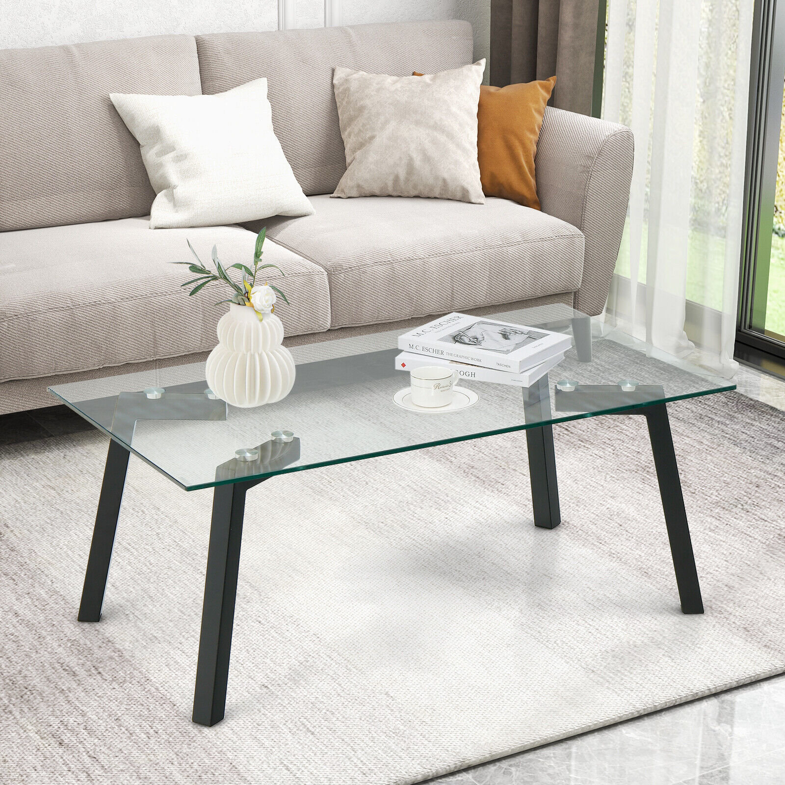 Ivy Bronx Tempered Glass Coffee Table Modern Centre Table With Metal