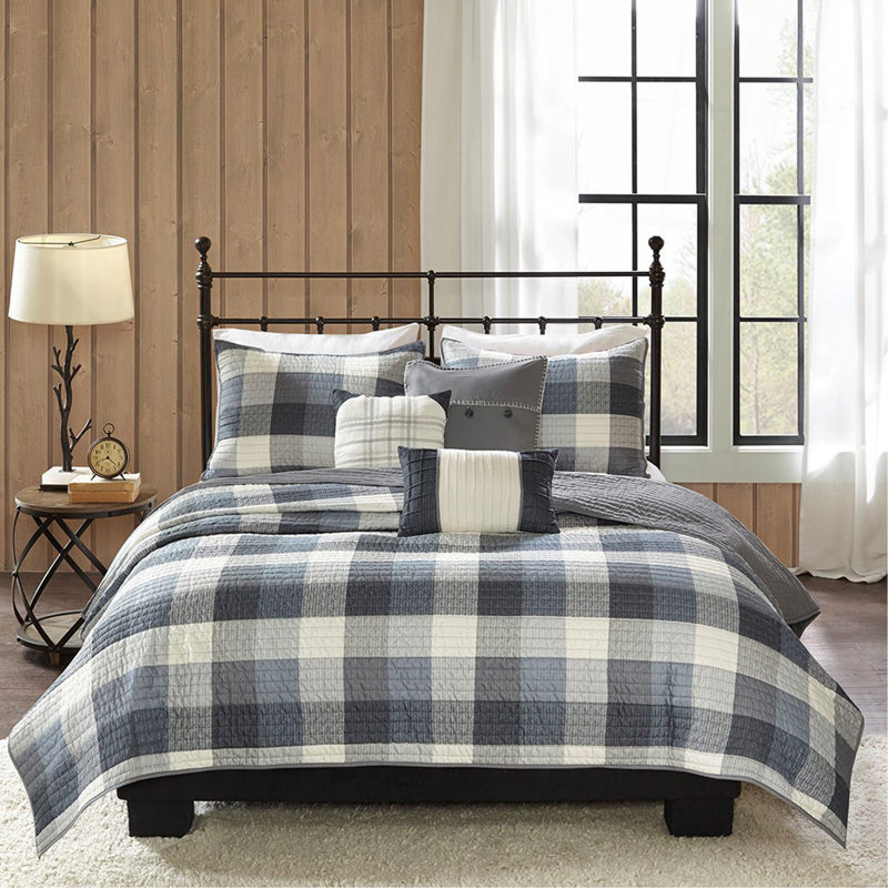 Ensemble de courtepointe à chevrons 6 pièces avec coussins décoratifs gris double / grand, Gris