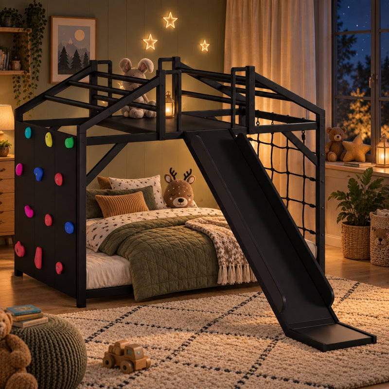 Lit plateforme en métal Benedict Kids avec mur d'escalade et glissade, lit de jeu bas avec prises d'escalade, filet de sécurité et cadre en métal robuste
