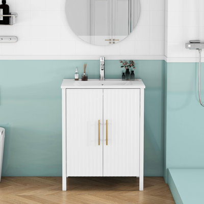 Meuble-lavabo 24 po avec lavabo, meuble-lavabo à panneau ondulé avec poignées en métal doré, tablette réglable, meuble de rangement autoportant moderne pour salle de bain