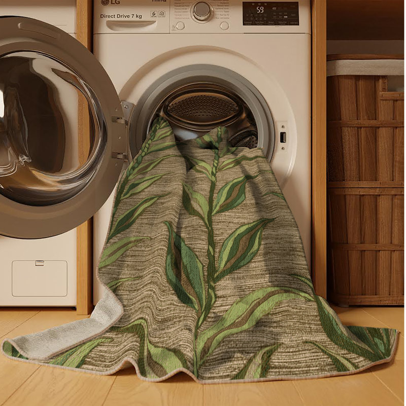 Machine Washable Botanical Brown Area Rug, Square 4'