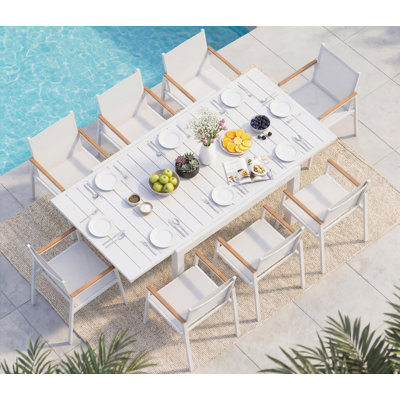 Ensemble de salle à manger de patio en aluminium pour 8 personnes avec table rectangulaire extensible et chaises en textilène