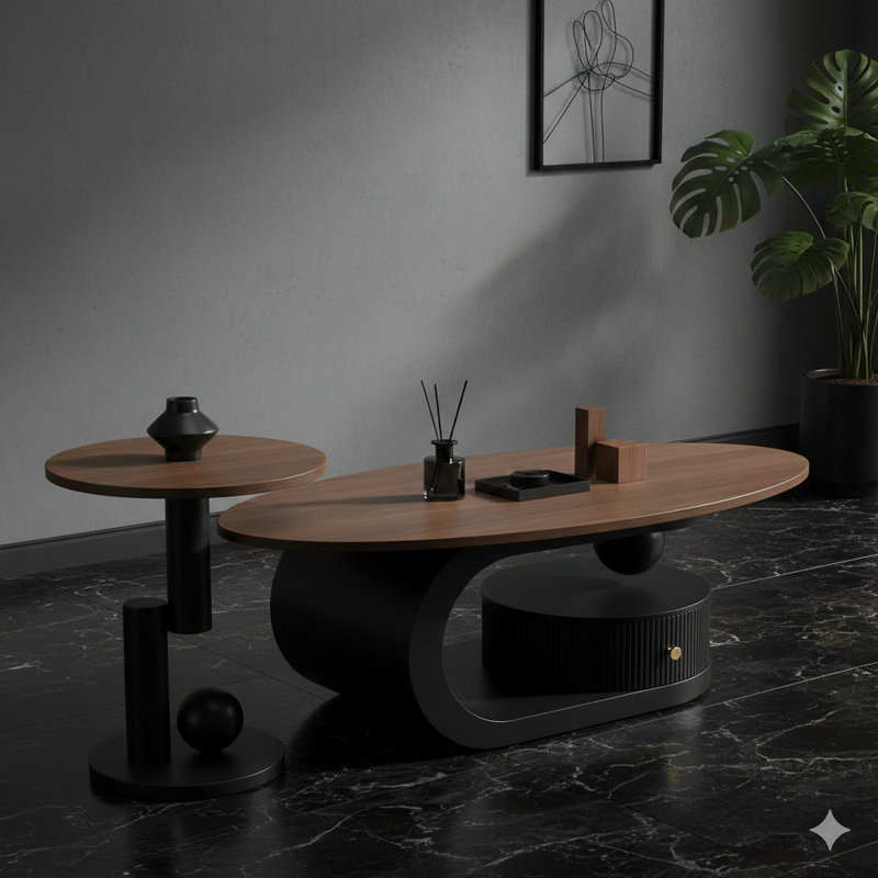 Ensemble de 2 tables à cocktail empilables de qualité supérieure avec rangement pour le salon, ensemble de tables ovales et rondes, table centrale noire, table de cocktail, table d'appoint, grande taille de 47,24 po, petite de 19,69 po