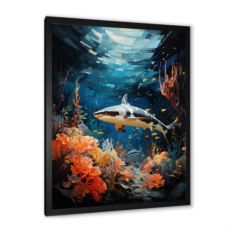 Teal Shark Animal Coastal Creatures " Teal Shark Animal Coastal Creatures ", Black Picture Framed, 32" H x 16" W x 1" D