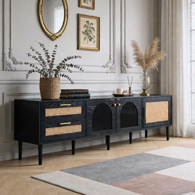 Rattan TV Stand with 3 Cabinets & 2 Drawers