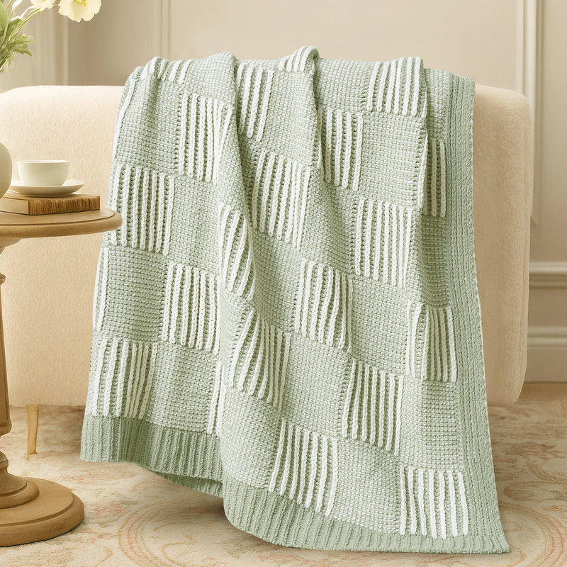 Jeté à carreaux en chenille, couverture décorative pour canapé, salon, chambre à coucher, Vert/blanc
