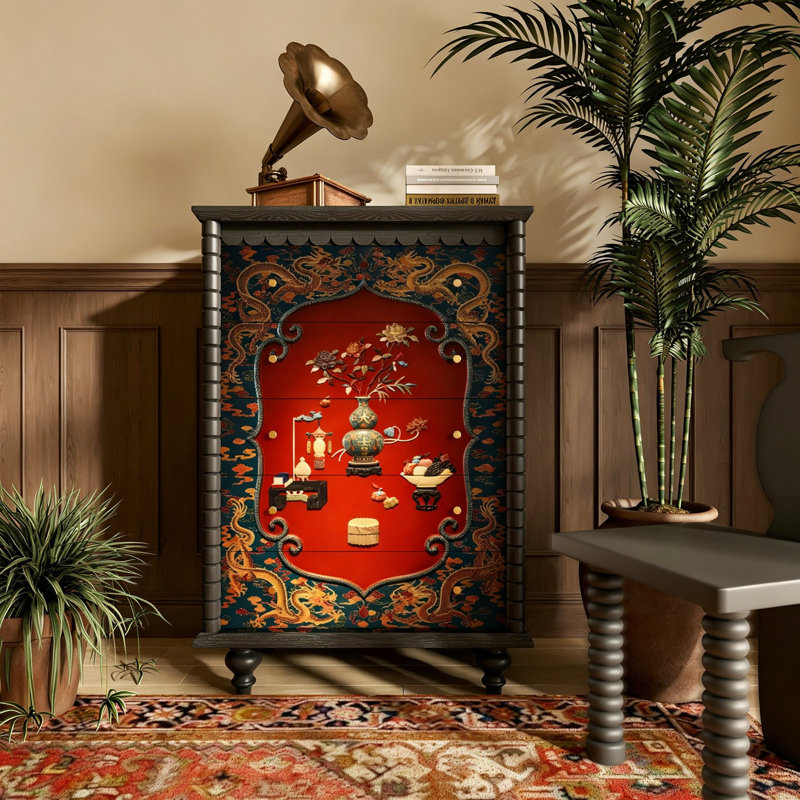 Armoire de rangement à 5 tiroirs en bois massif, Noir