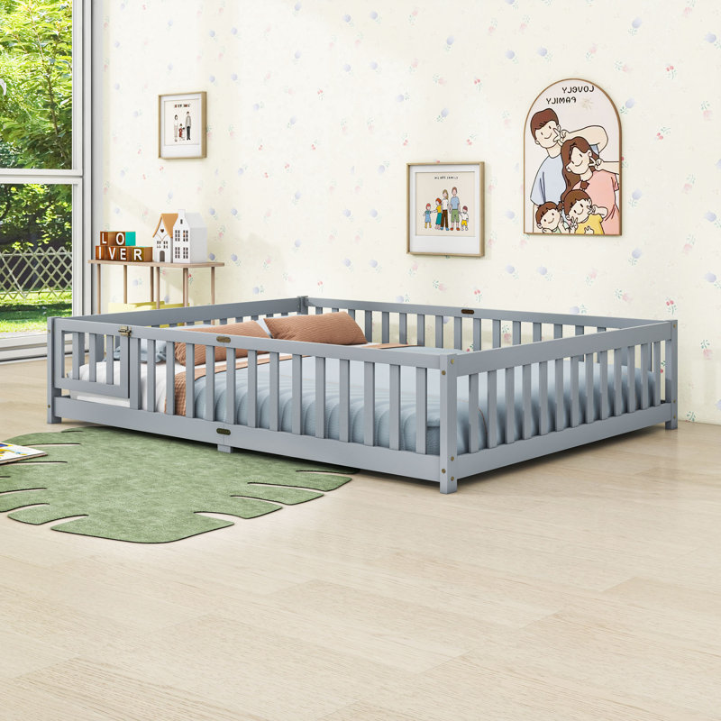Queen Wood Floor Bed With Fence, Gray