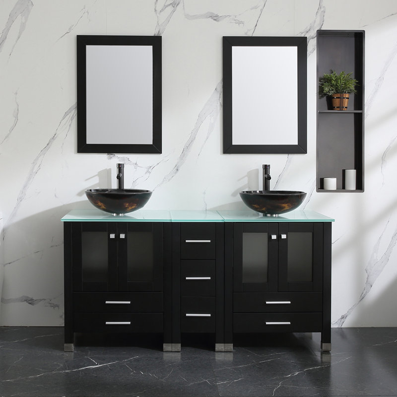 Ensemble de meuble-lavabo double 61,5 "avec miroir, Noir, Brun; ambre