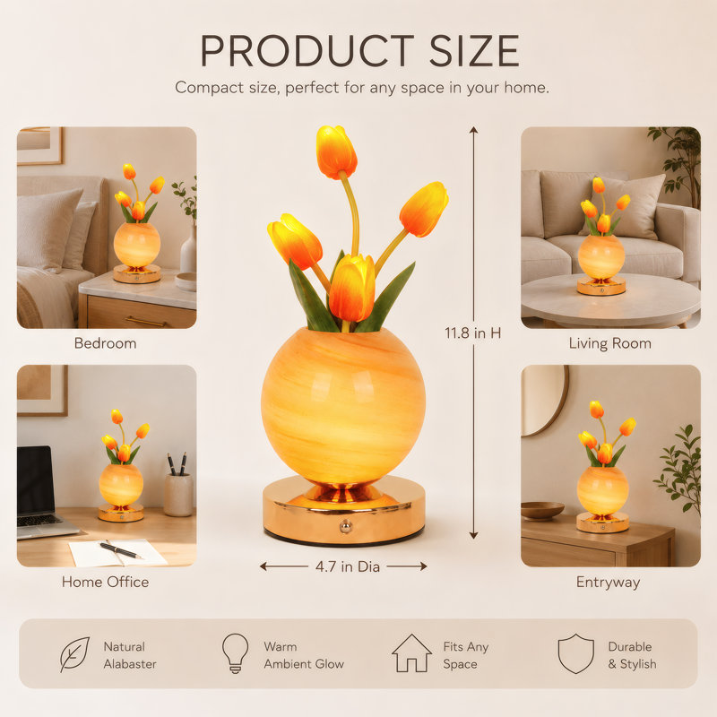 Orange Tulip Flower Table Lamp, 3-Color Touch Control Led Light With Usb Charger, Romantic Night Light