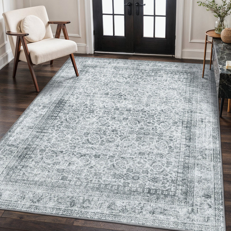 Oriental  Machine Washable Performance Gray Indoor Area Rug with Non-Slip Backing, Rectangle 6' x 9'