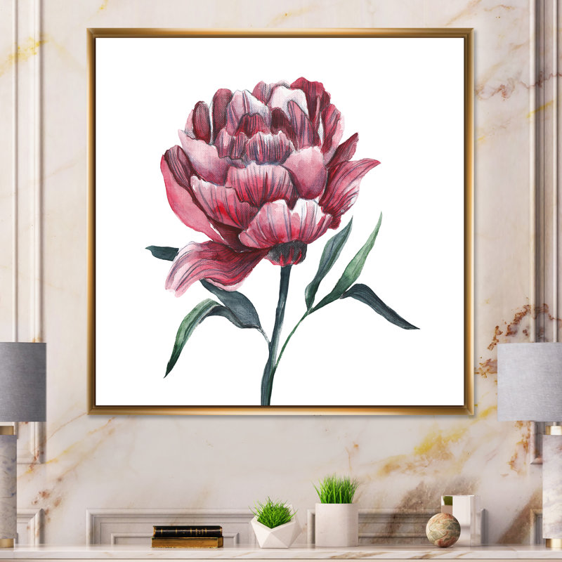 Fleur de pivoine rouge rétro, H 16 po x l 16 po x P 1 po, Toile avec cadre flottant or