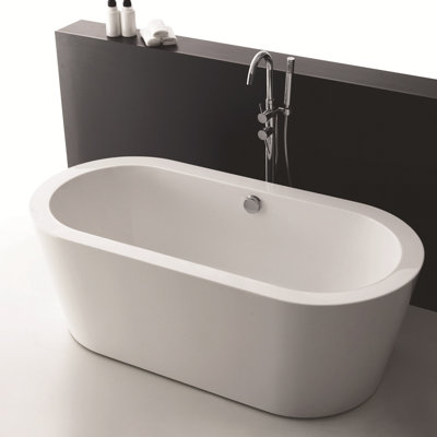 59" X 30" Freestanding Oval Soaking Acrylic Bathtub, In White, With Polished Chrome Overflow And Drain