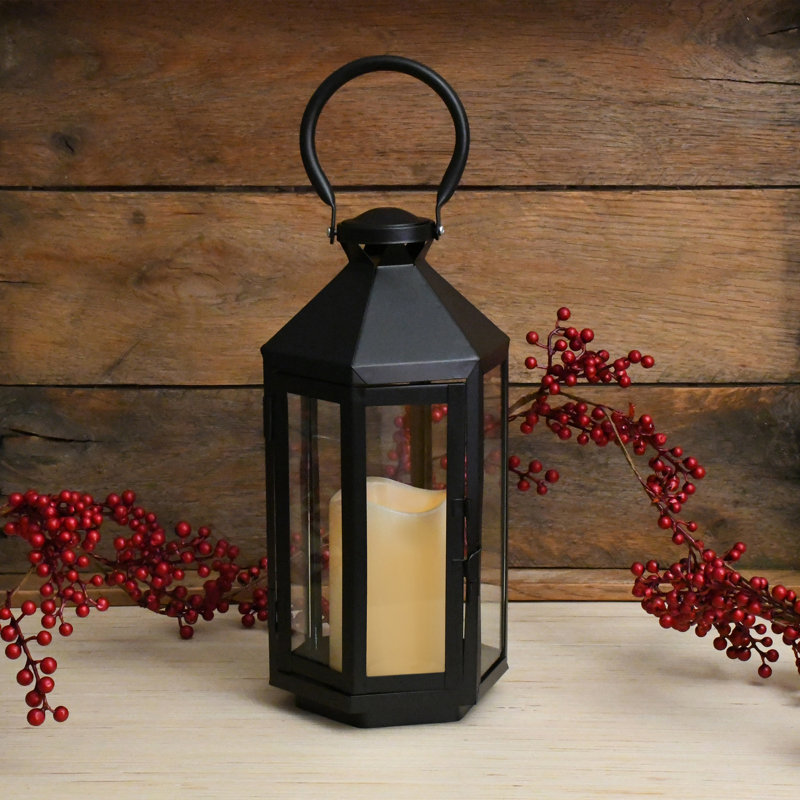 Black Hexagon Metal Lantern with Amber LED Candle